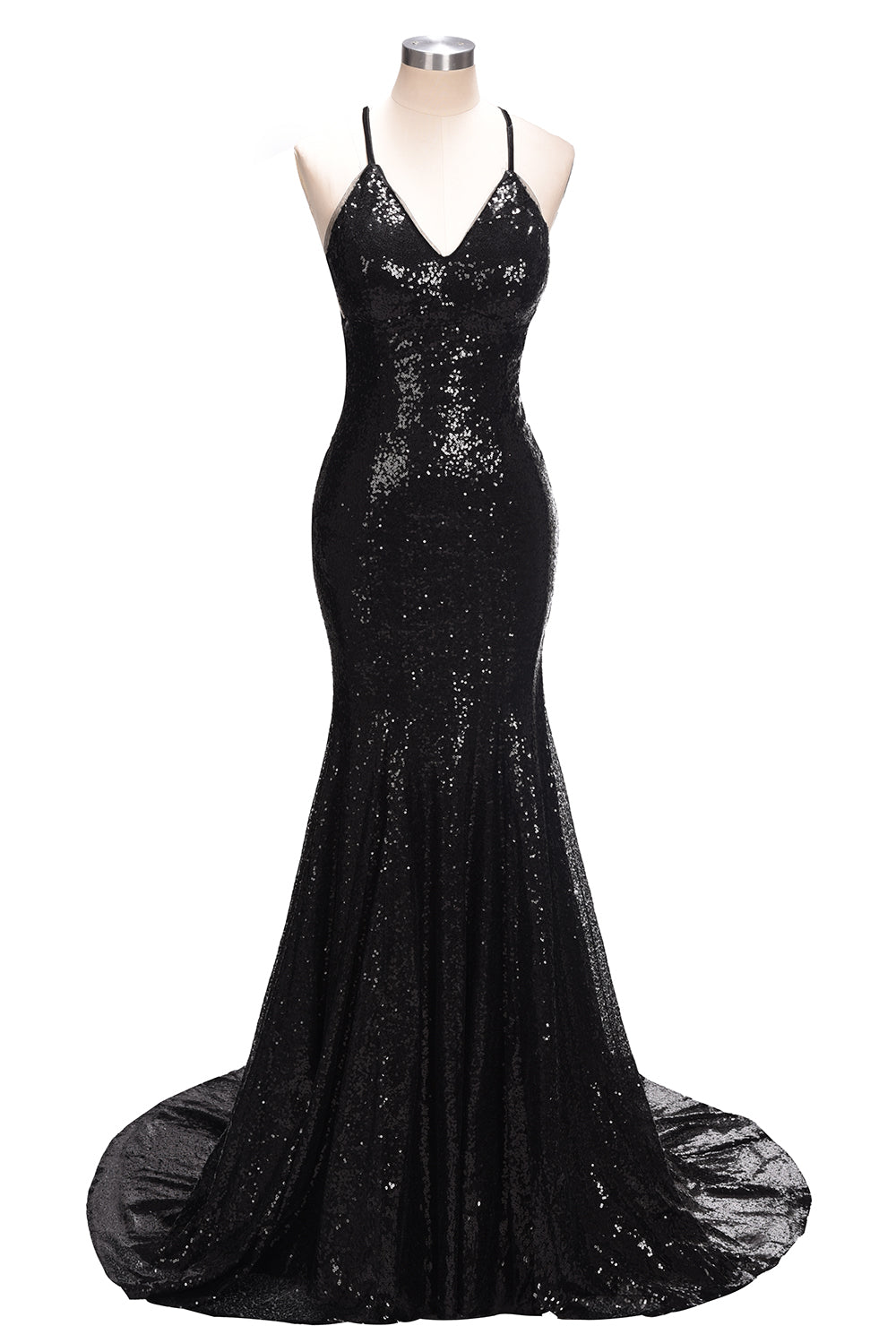 Mermaid V-neck Spaghetti Straps Floor Length Sequined Long Prom Dresses