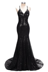 Mermaid V-neck Spaghetti Straps Floor Length Sequined Long Prom Dresses
