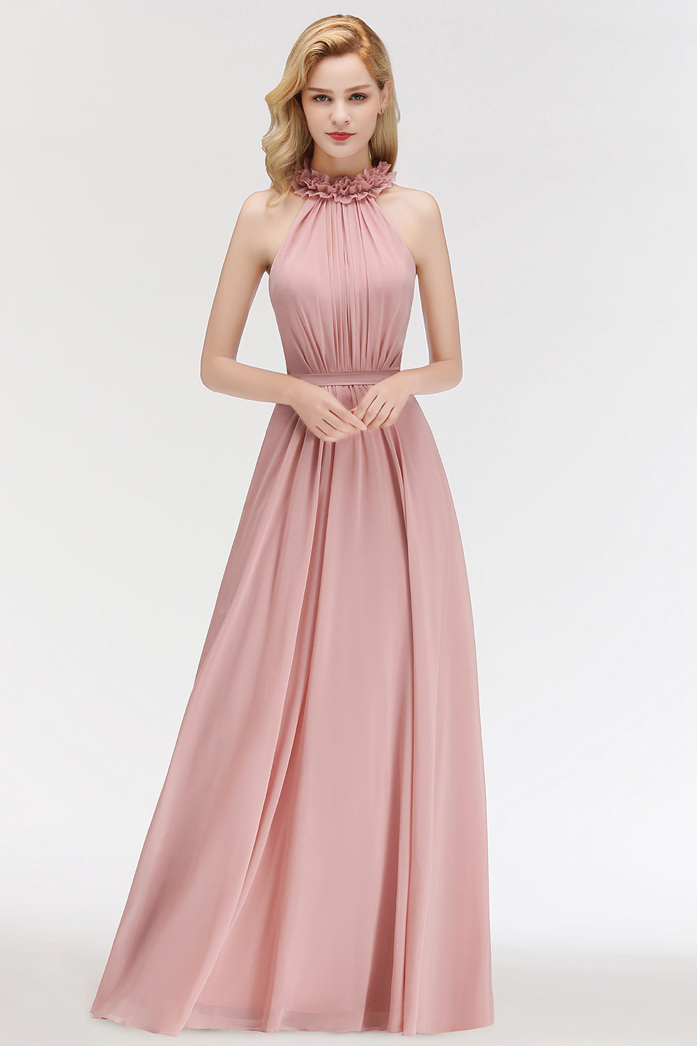 Long A-line Halter Sleeveless Ruffled Chiffon Bridesmaid Dresses