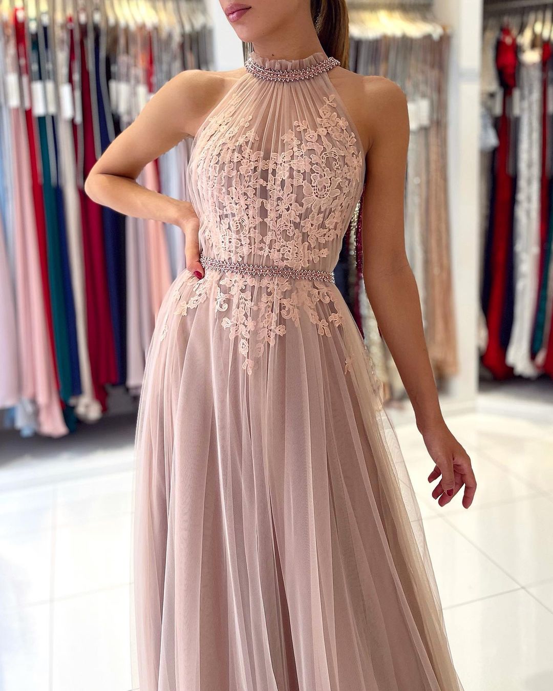 Stunning Long A-line Halter Tulle Formal Prom Dress with Lace Appliques