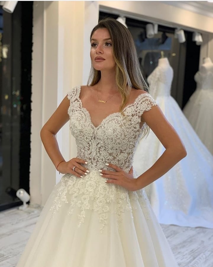 Elegant Long V-neck Wide Straps Appliques Lace Pearl Tulle A-Line Wedding Dress