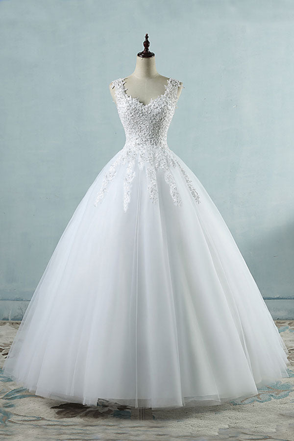 Long Lace-up Appliques Tulle A-line Wedding Dress