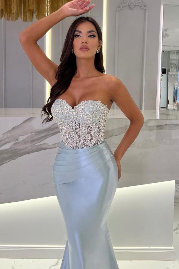 Beautiful Long Mermaid Sweetheart Strapless Satin Beading Prom Dress