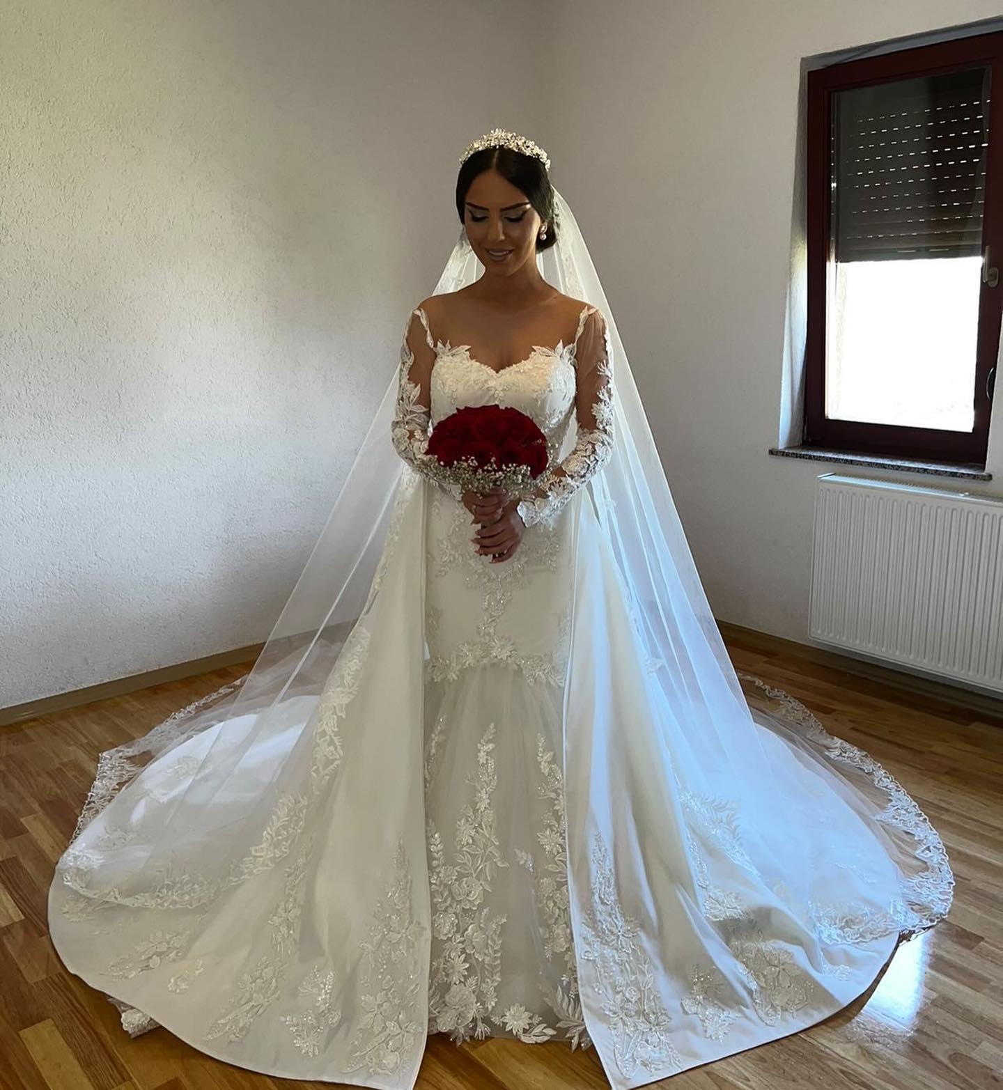 White Long Mermaid Jewel Tulle Lace Wedding Dress with Detachable Sweep Train