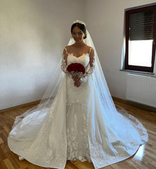White Long Mermaid Jewel Tulle Lace Wedding Dress with Detachable Sweep Train