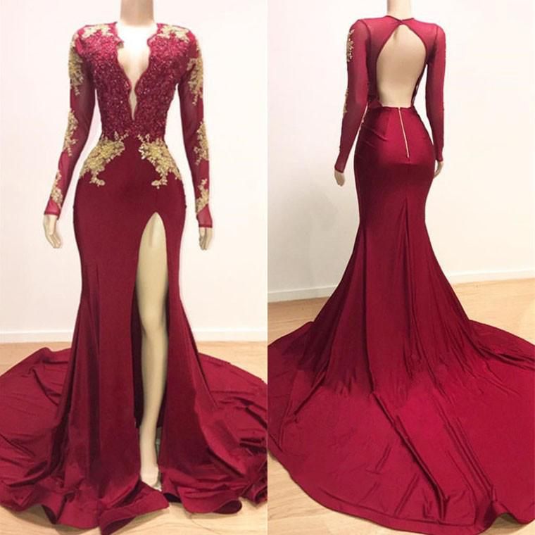 V-neck Long Sleeves Lace Appliques Split Mermaid Prom Dresses