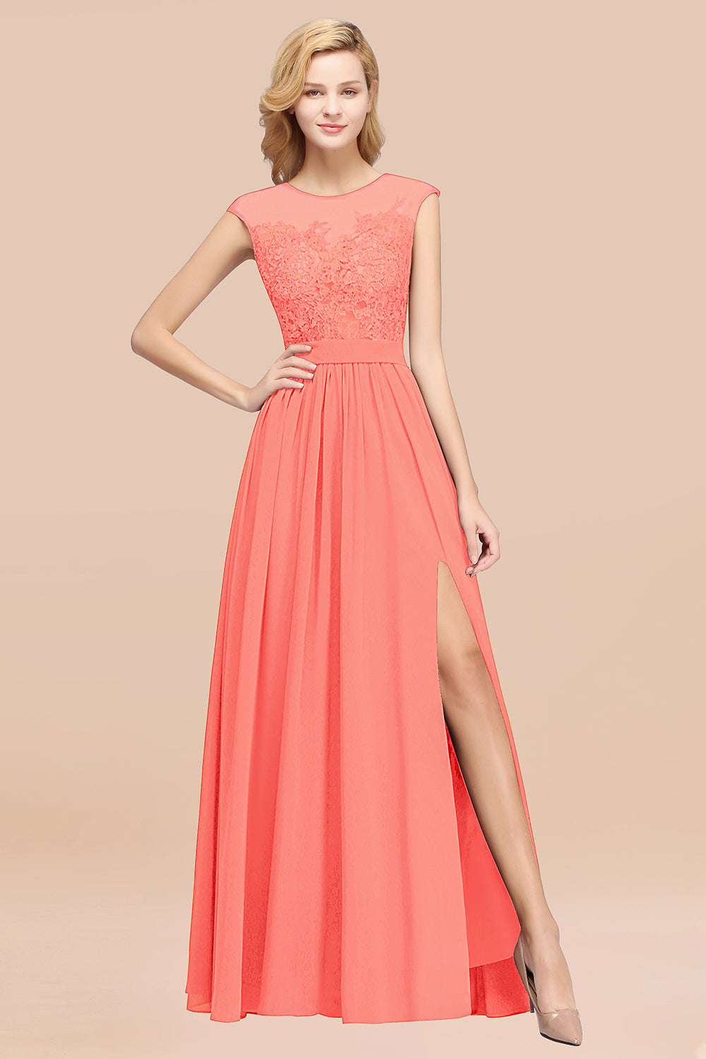 A-line Chiffon Lace Jewel Sleeveless Floor Length Bridesmaid Dresses with Appliques
