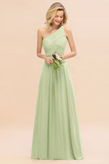 Elegant Sage A-line Chiffon Ruffles One Shoulder Long Bridesmaid Dress