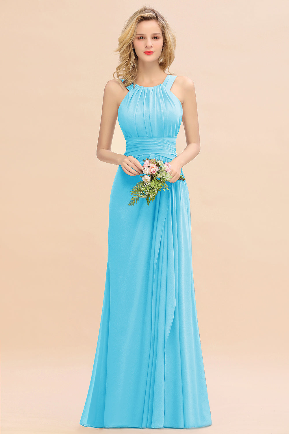 Long A-line Halter Chiffon Backless Floor Length Bridesmaid Dresses