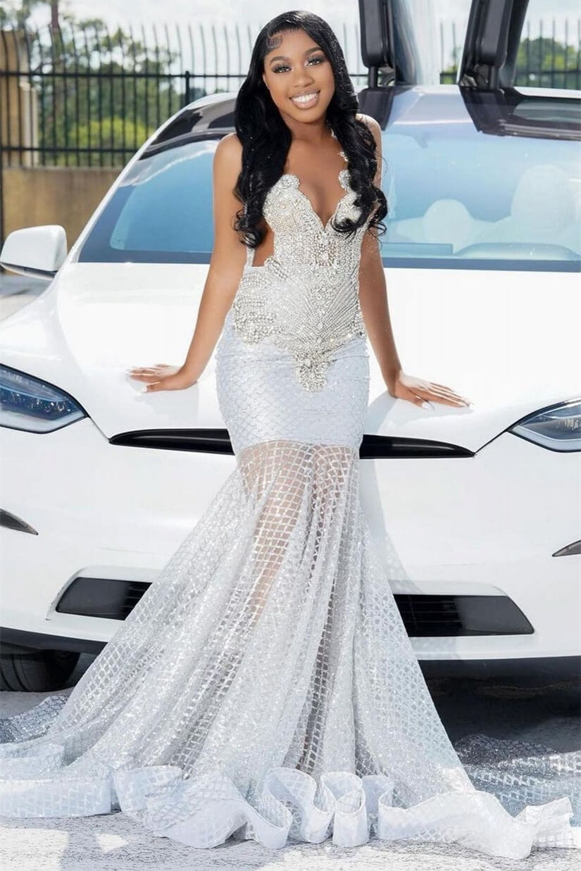 Long Sparkle V-Neck Mermaid Tulle Beaded Prom Dress