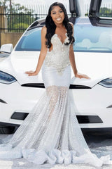 Long Sparkle V-Neck Mermaid Tulle Beaded Prom Dress