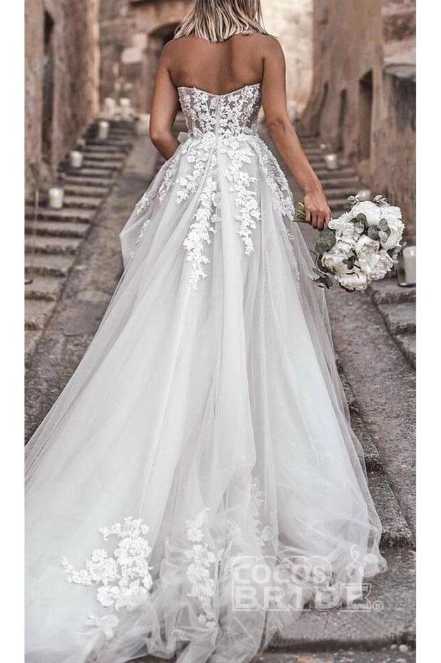 Boho Long A-line Sweetheart Tulle Appliques Lace Wedding Dress
