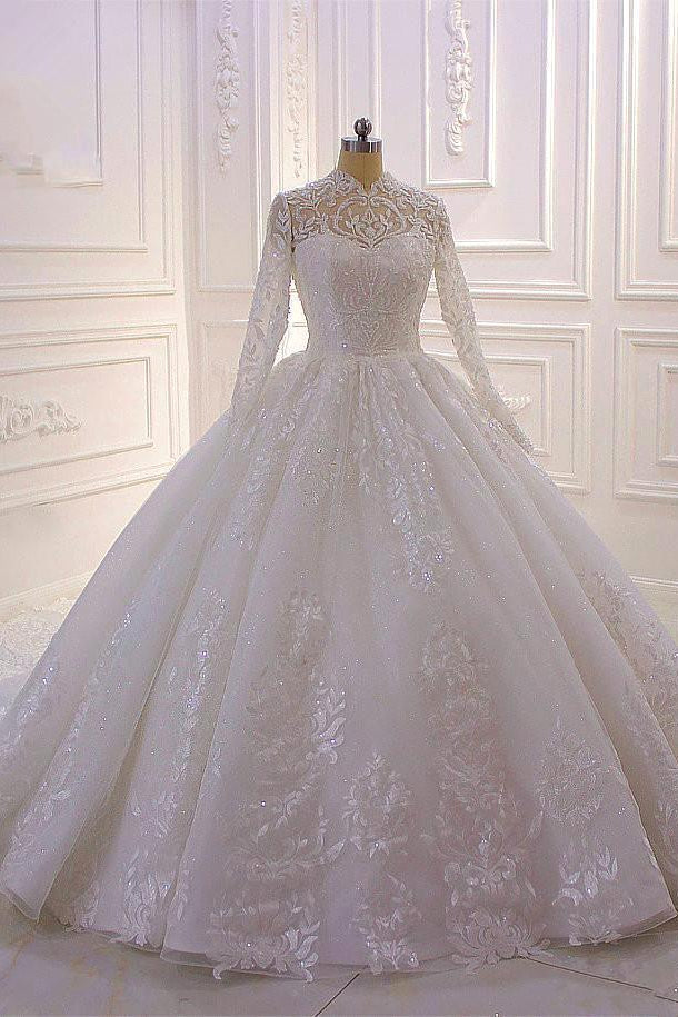 Long High Neck Appliques Lace Ball Gown Ruffles Wedding Dress with Long Sleeve