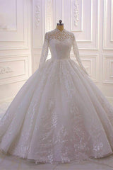 Long High Neck Appliques Lace Ball Gown Ruffles Wedding Dress with Long Sleeve