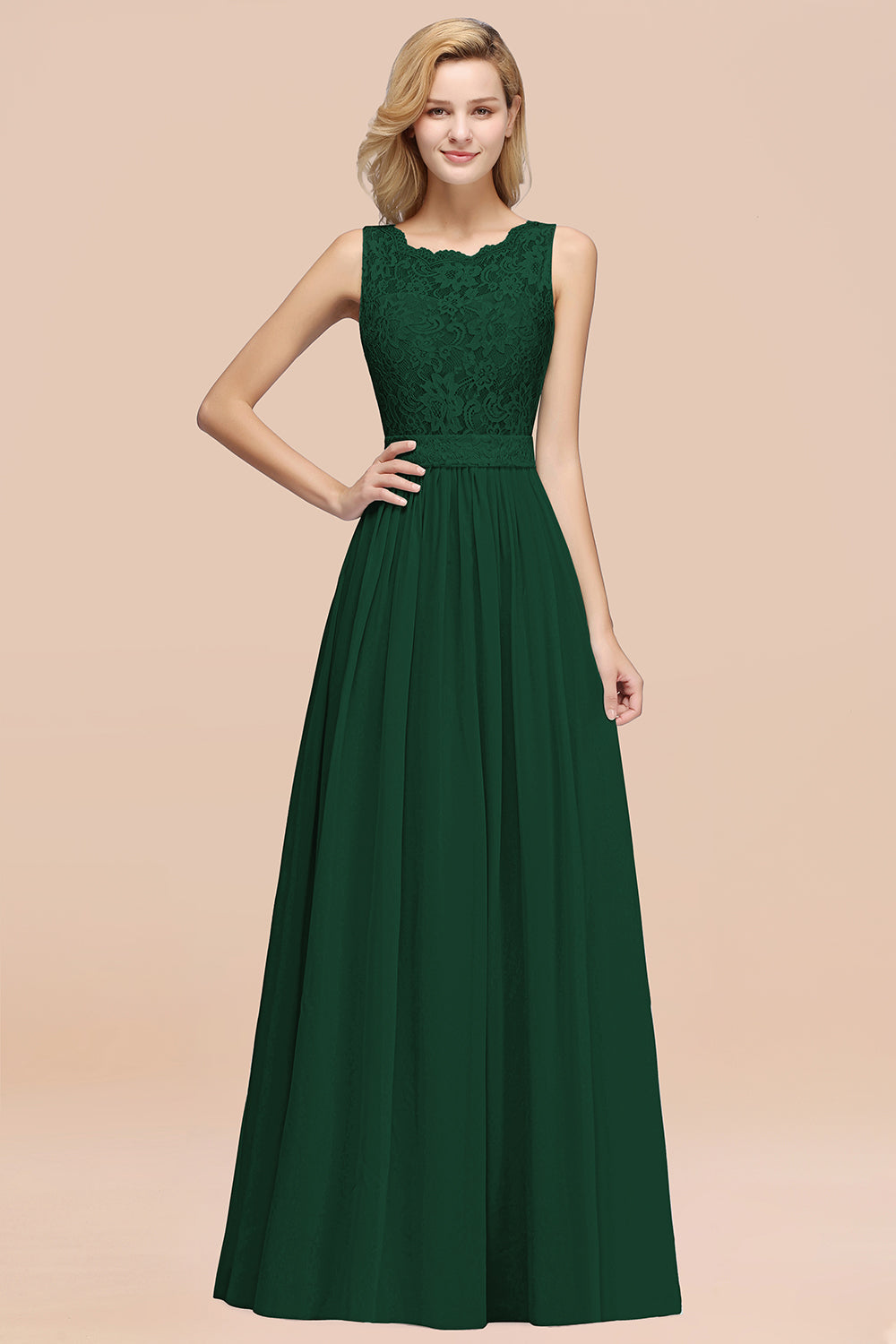 Chiffon A-Line Lace Scalloped Sleeveless Long Ruffles Bridesmaid Dress