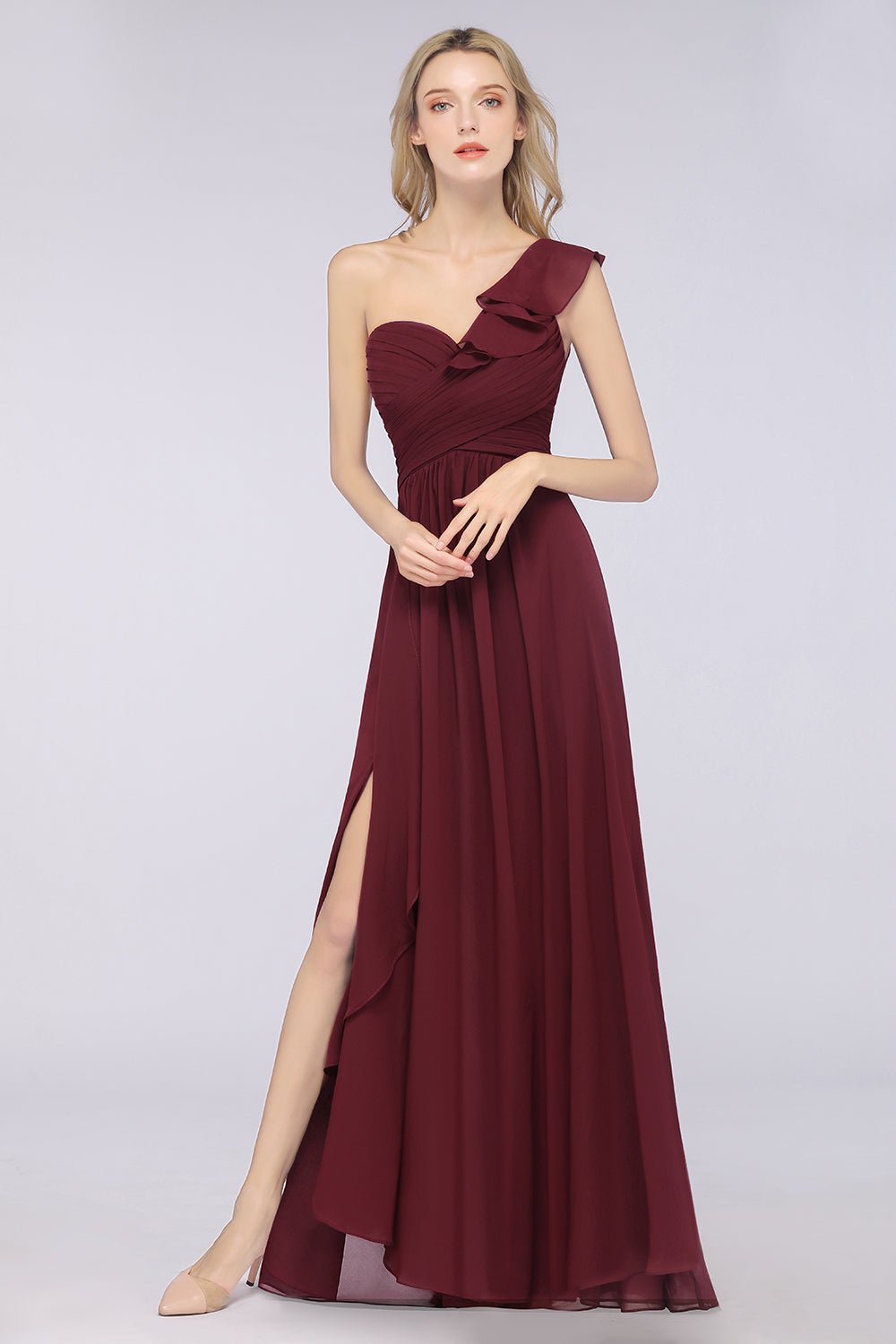 A-Line Chiffon One Shoulder Sweetheart Sleeveless Floor Length Bridesmaid Dress with Ruffles