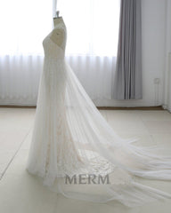 Simple White A-line Lace V Neck Long Spaghetti Straps Wedding Dress