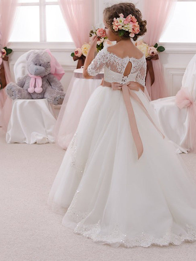 White Long Off the Shoulder A-line Tulle Flower Girl Dresses with Sleeves