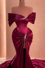 Long Mermaid Off the Shoulder Satin Beading High Front Split Prom Dress
