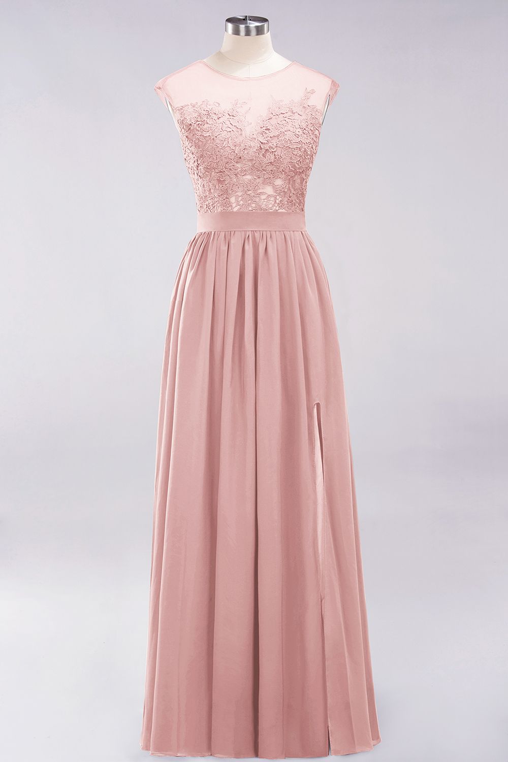 A-line Chiffon Lace Jewel Sleeveless Floor Length Bridesmaid Dresses with Appliques