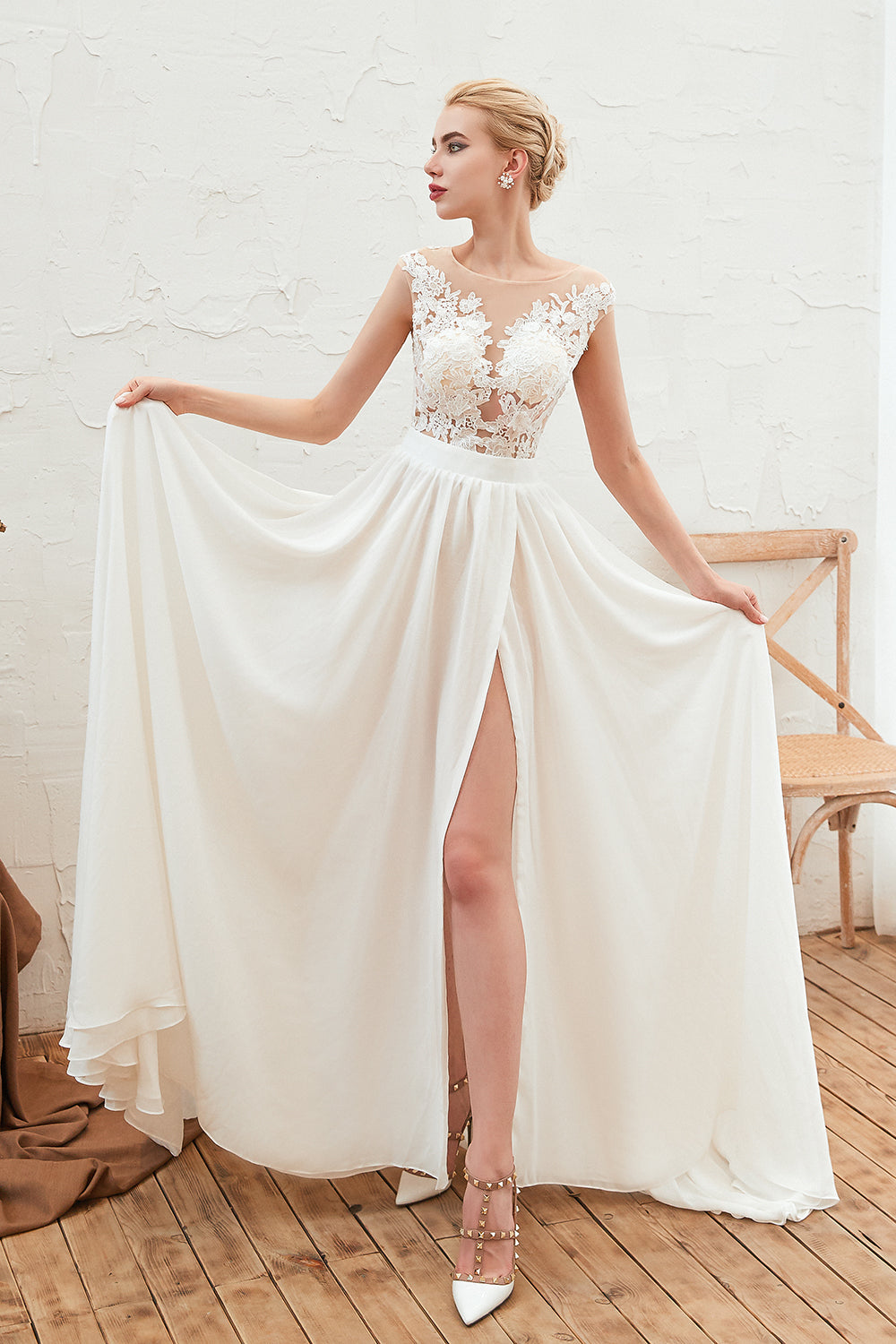 Long Tulle High Slit Appliques Lace Chiffon A-line Wedding Dress