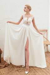 Long Tulle High Slit Appliques Lace Chiffon A-line Wedding Dress