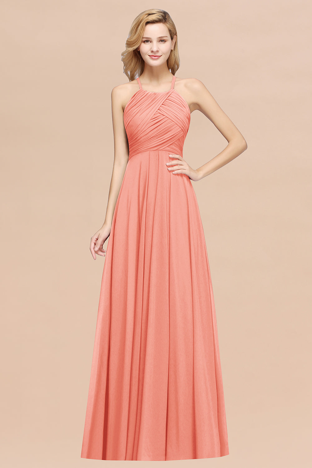 A-Line Chiffon Halter Ruffles Floor Length Bridesmaid Dress