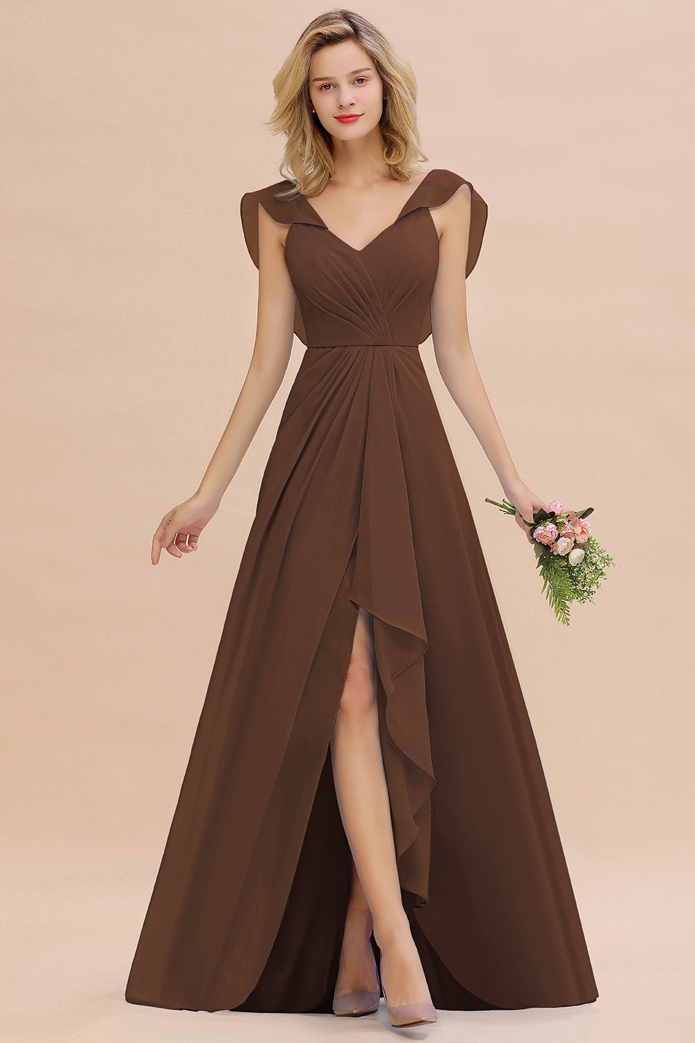 Simple High Low A-line V-Neck Ruffles Chiffon Brown Bridesmaid Dress