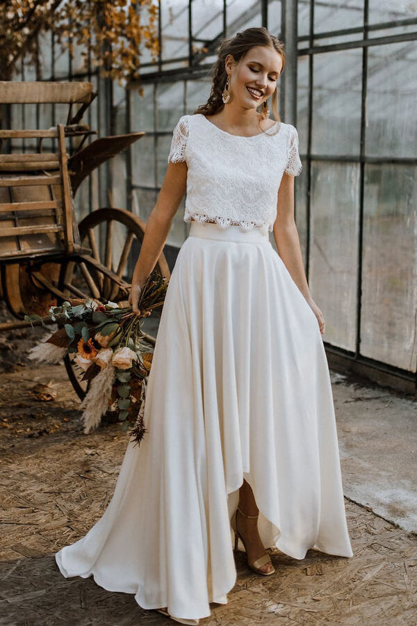 A-line Satin Lace High Low Two Piece Wedding Dress with Short Sleeve