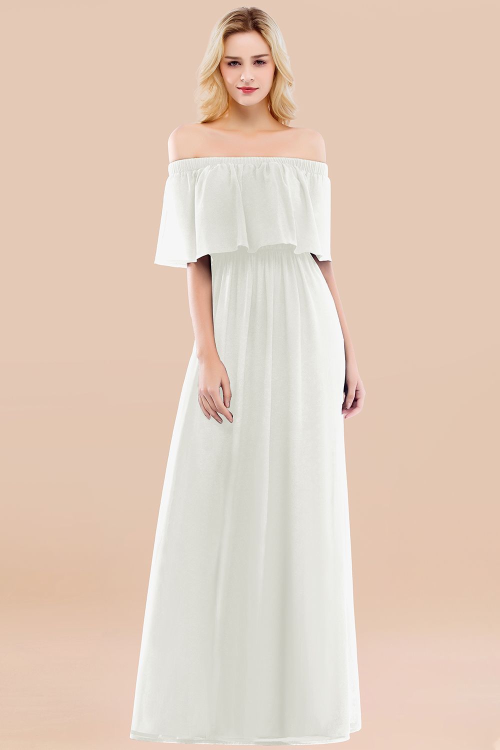 A-line Chiffon Off the Shoulder Short Sleeves Ruffles Floor Length Bridesmaid Dress