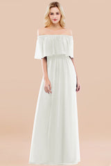 A-line Chiffon Off the Shoulder Short Sleeves Ruffles Floor Length Bridesmaid Dress