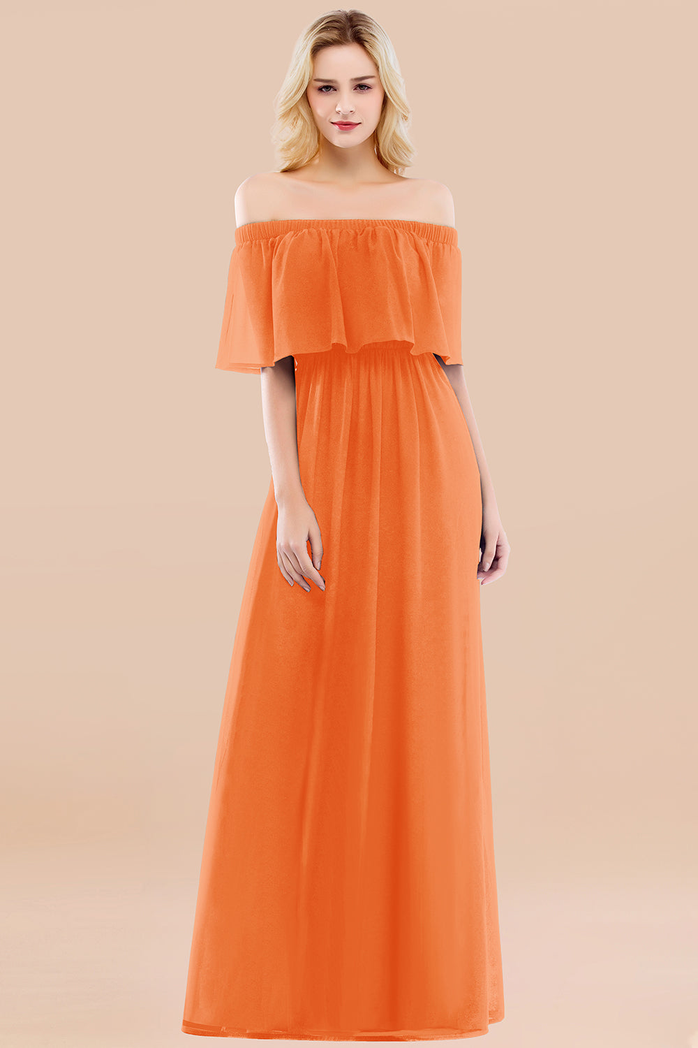 A-line Chiffon Off the Shoulder Short Sleeves Ruffles Floor Length Bridesmaid Dress