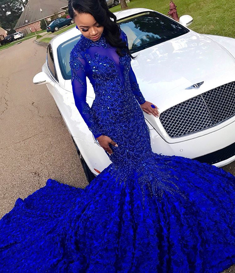Royal Blue Long Mermaid High Neck Appliques Sequin Prom Dress