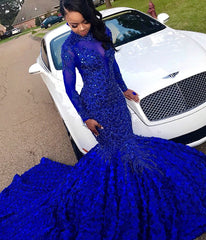 Royal Blue Long Mermaid High Neck Appliques Sequin Prom Dress