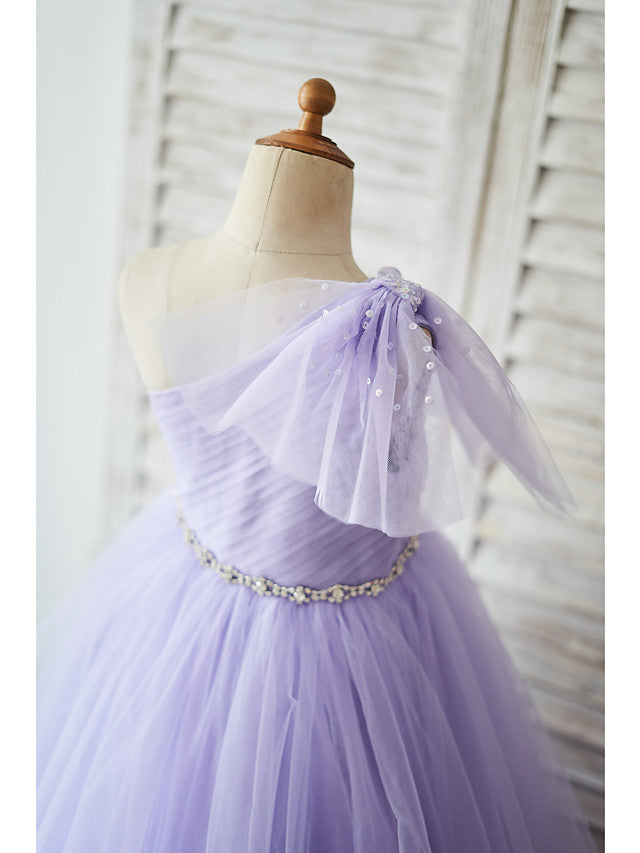 Long One Shoulder Tulle Floor Length Birthday Party Girl Dresses