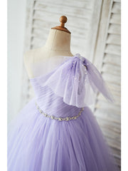 Long One Shoulder Tulle Floor Length Birthday Party Girl Dresses