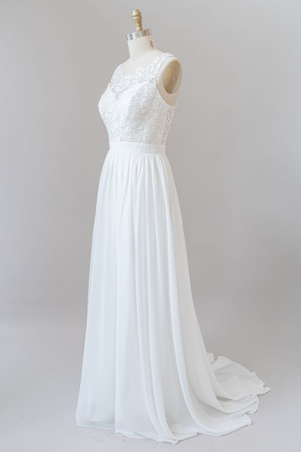 White Long A-line Straps Chiffon Lace Boho Wedding Dresses