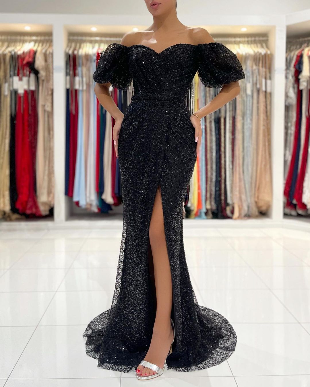 Long Mermaid Off the Shoulder Glitter Side Slit Black Prom Dress with Sleeves