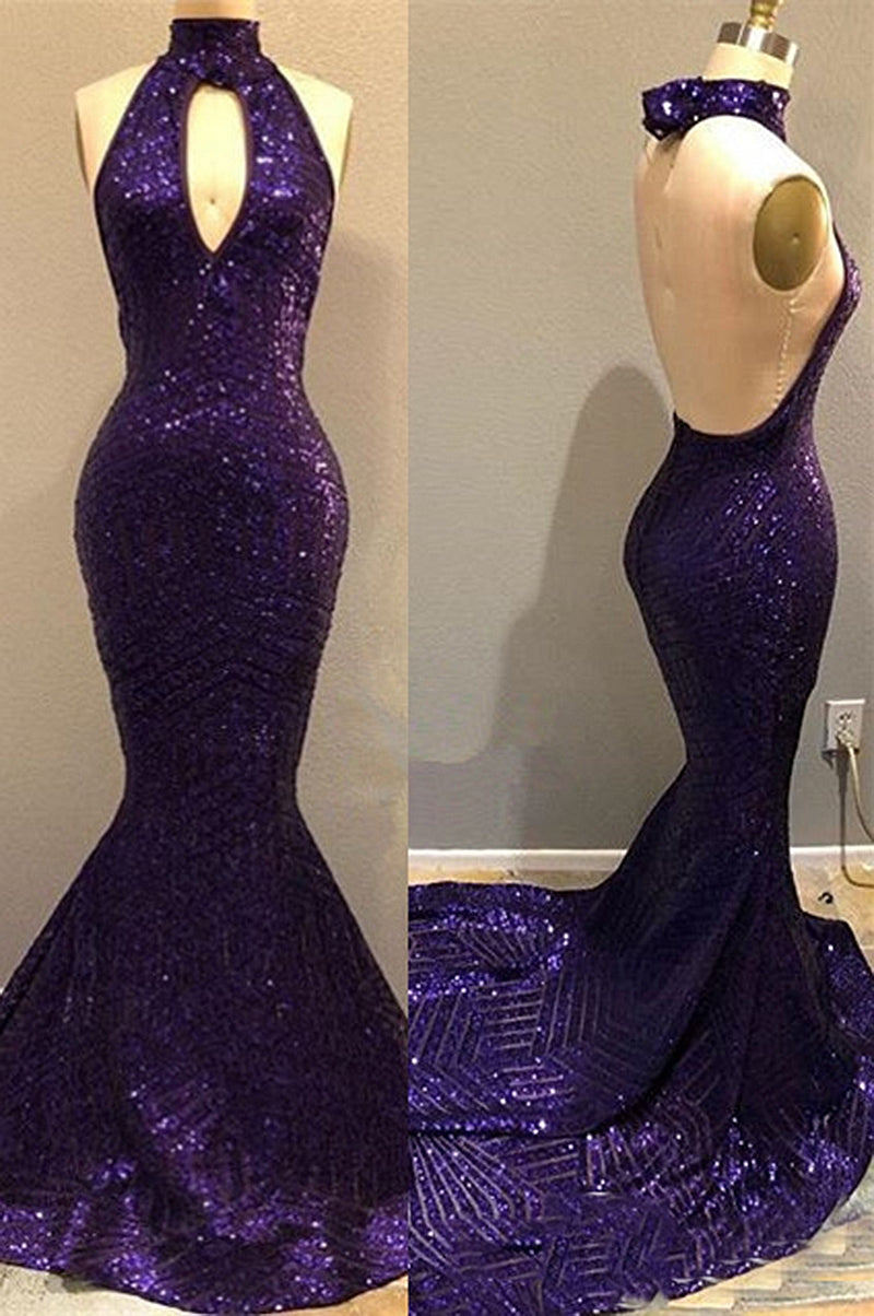 Long Sequins Keyhole Neckline Mermaid Open Back Prom Dress