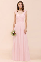 Elegant Long A-line Sweetheart Lace Chiffon Pink Bridesmaid Dress