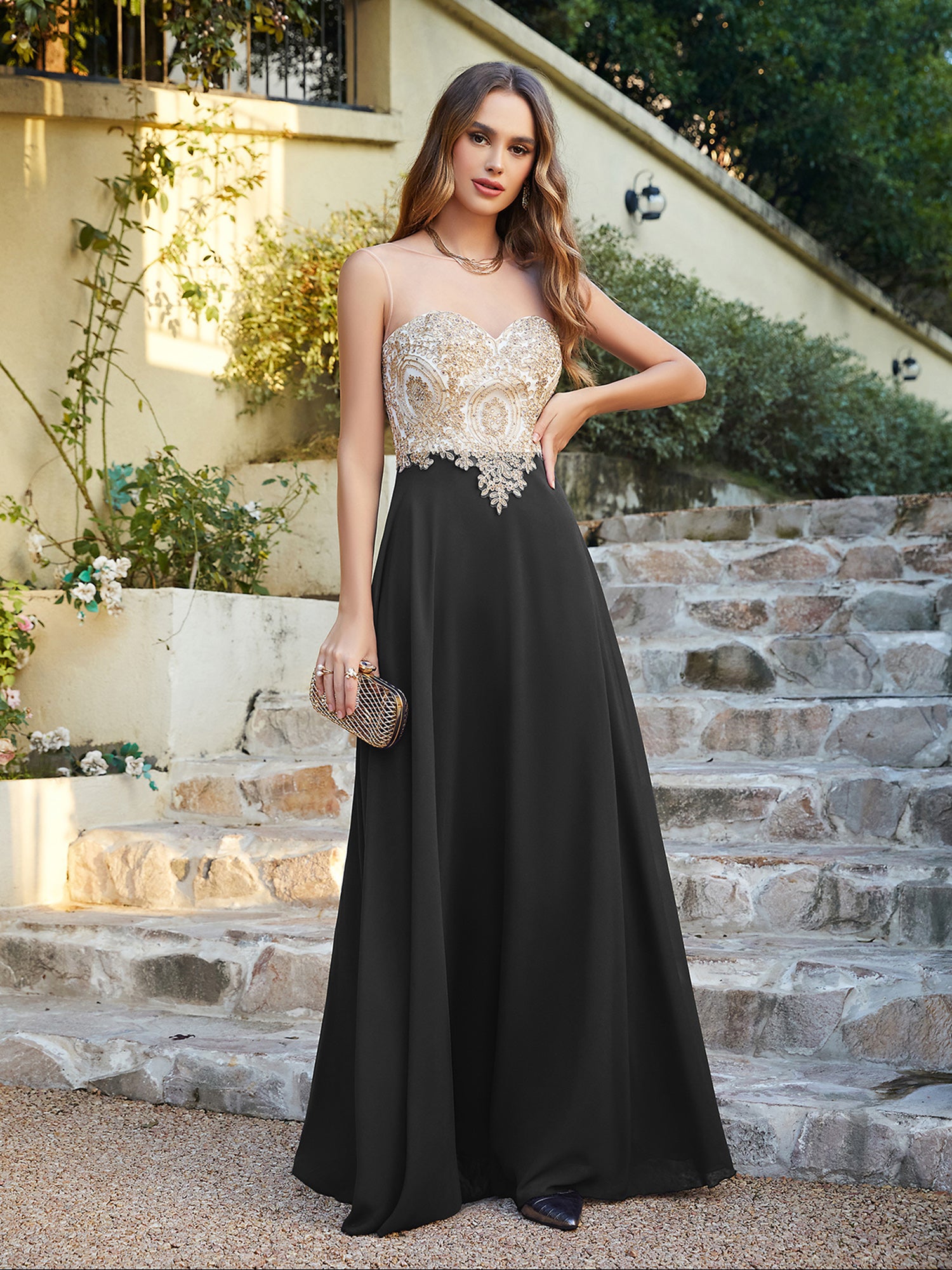 Elegant Long A-line Chiffon Sleeveless Tulle Lace Appliques Prom Dress