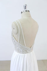 Elegant Long V-neck Beading Chiffon A-line Wedding Dress