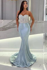 Beautiful Long Mermaid Sweetheart Strapless Satin Beading Prom Dress