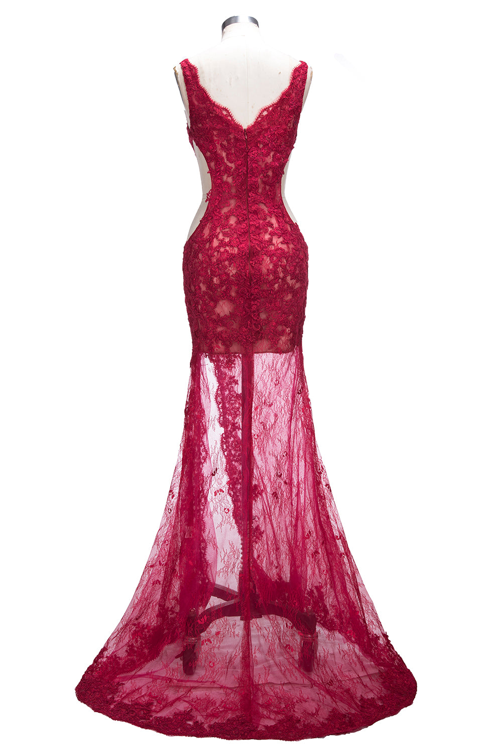Mermaid Front Split Sleeveless V-neck Lace Appliques Long Prom Dresses
