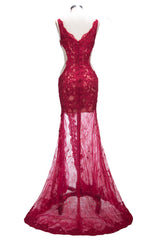 Mermaid Front Split Sleeveless V-neck Lace Appliques Long Prom Dresses