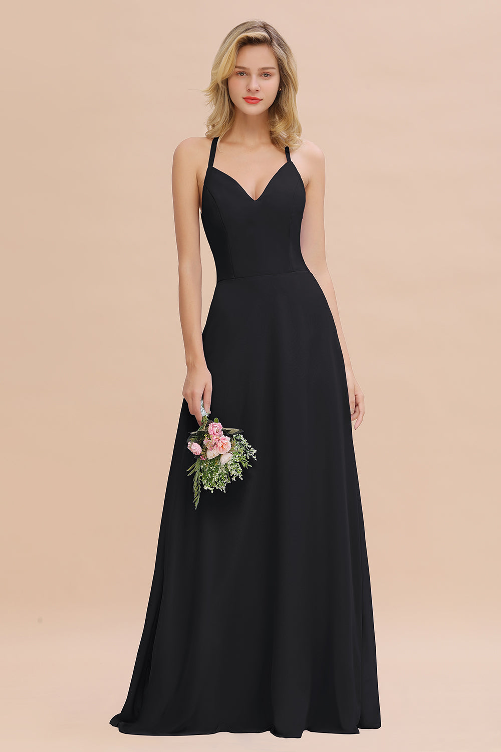 Stylish Chiffon Spaghetti Straps Sleeveless Long Bridesmaid Dress
