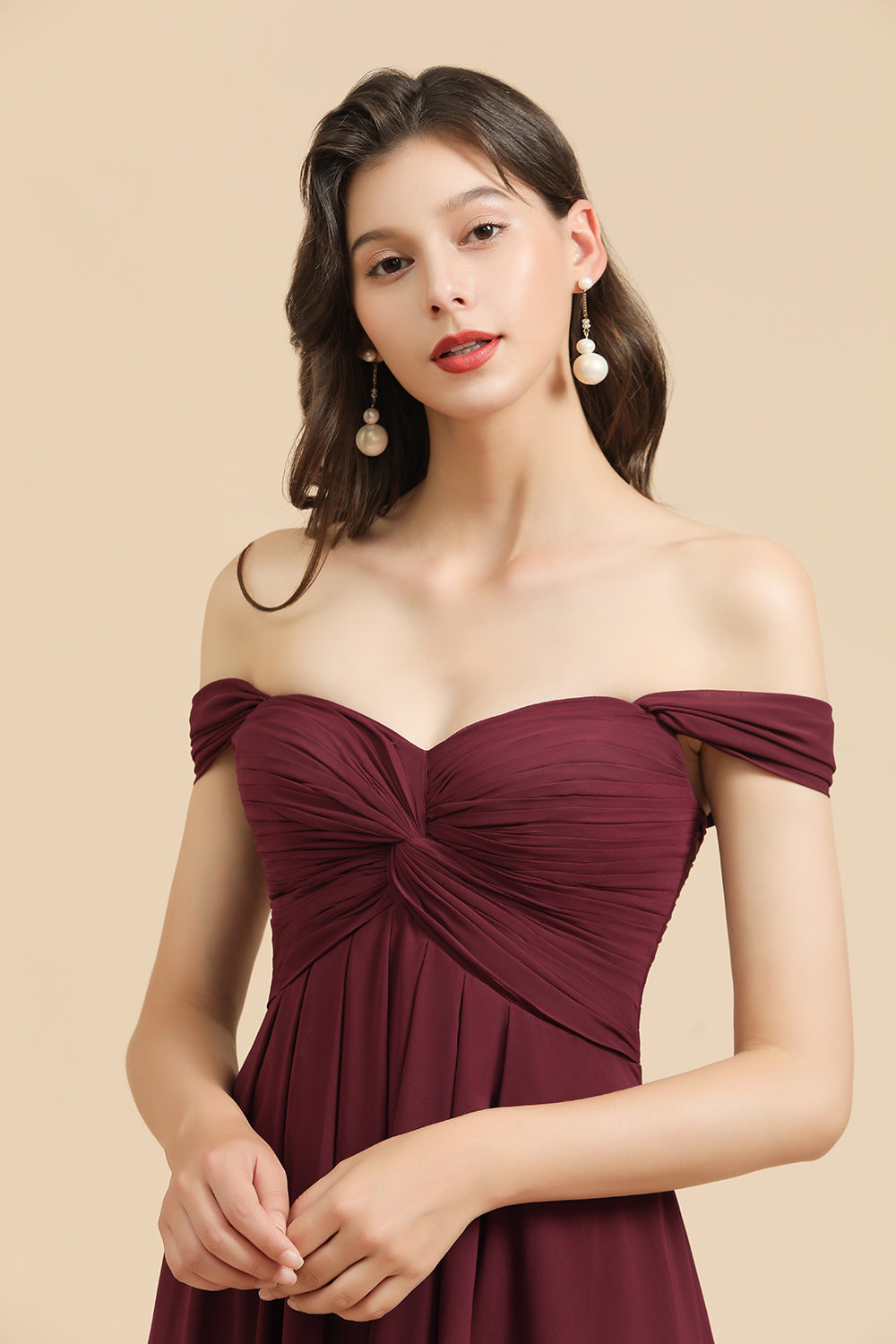Burgundy Long A-line Off the Shoulder Chiffon Wedding Guest Dress