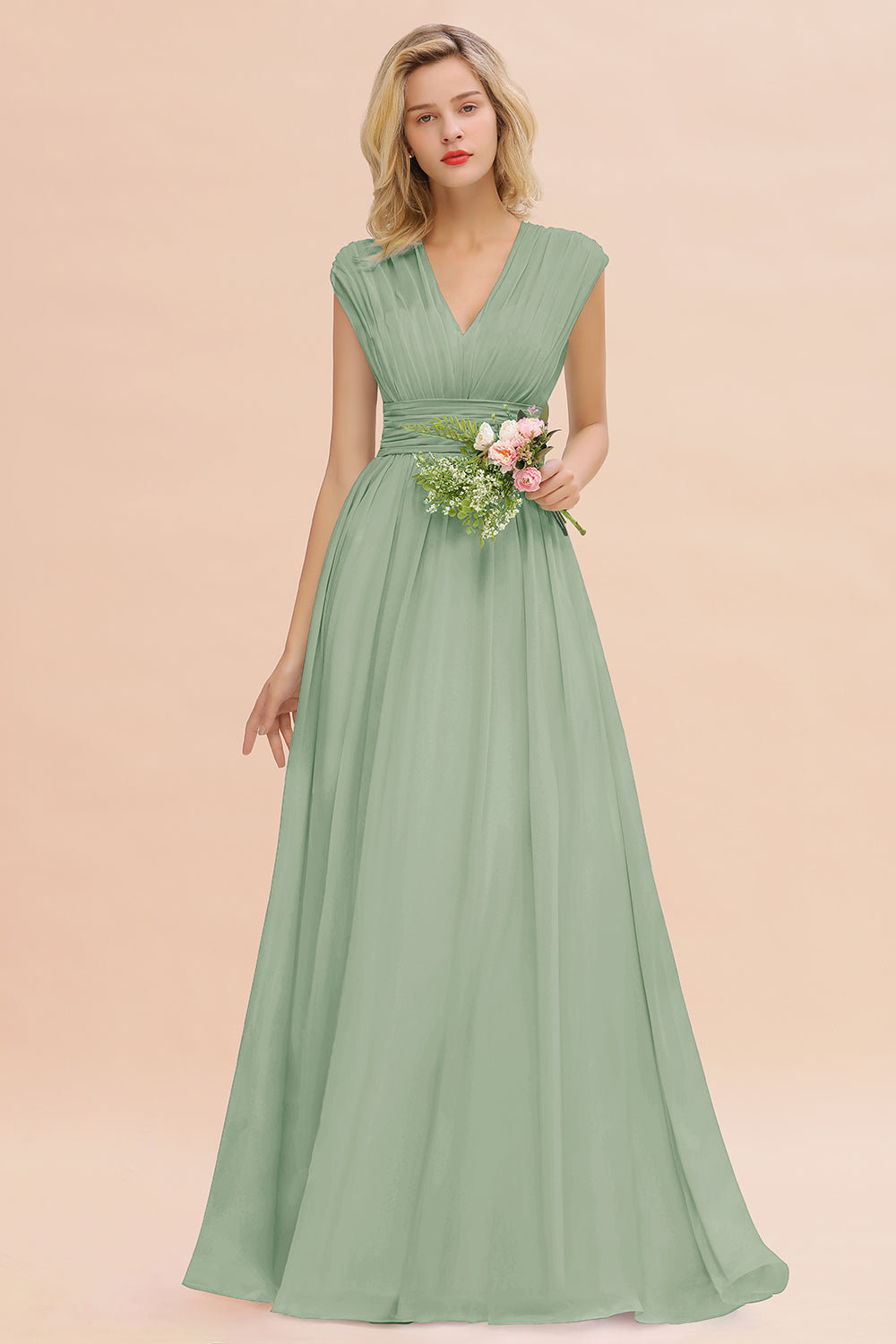 Chiffon V-Neck Sleeveless Elegant A-line Ruffles Bridesmaid Dress