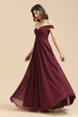 Burgundy Long A-line Off the Shoulder Chiffon Wedding Guest Dress