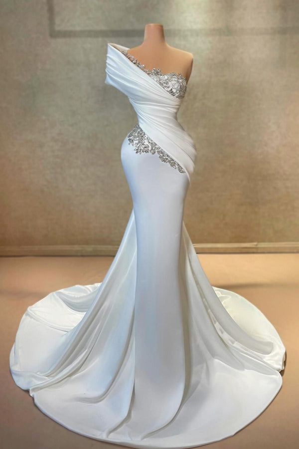 Long Mermaid Floor Length One Shoulder Satin Prom Dress with Beads